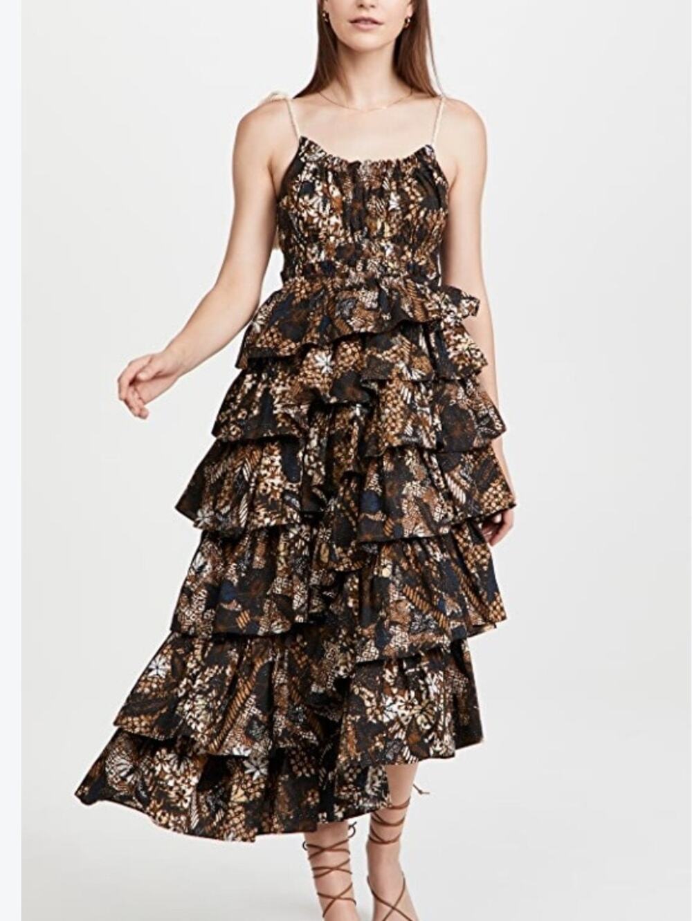 Ulla Johnson Estela Bronze Batik Tiered Ruffle Asymmetrical Midi Dress Size 6